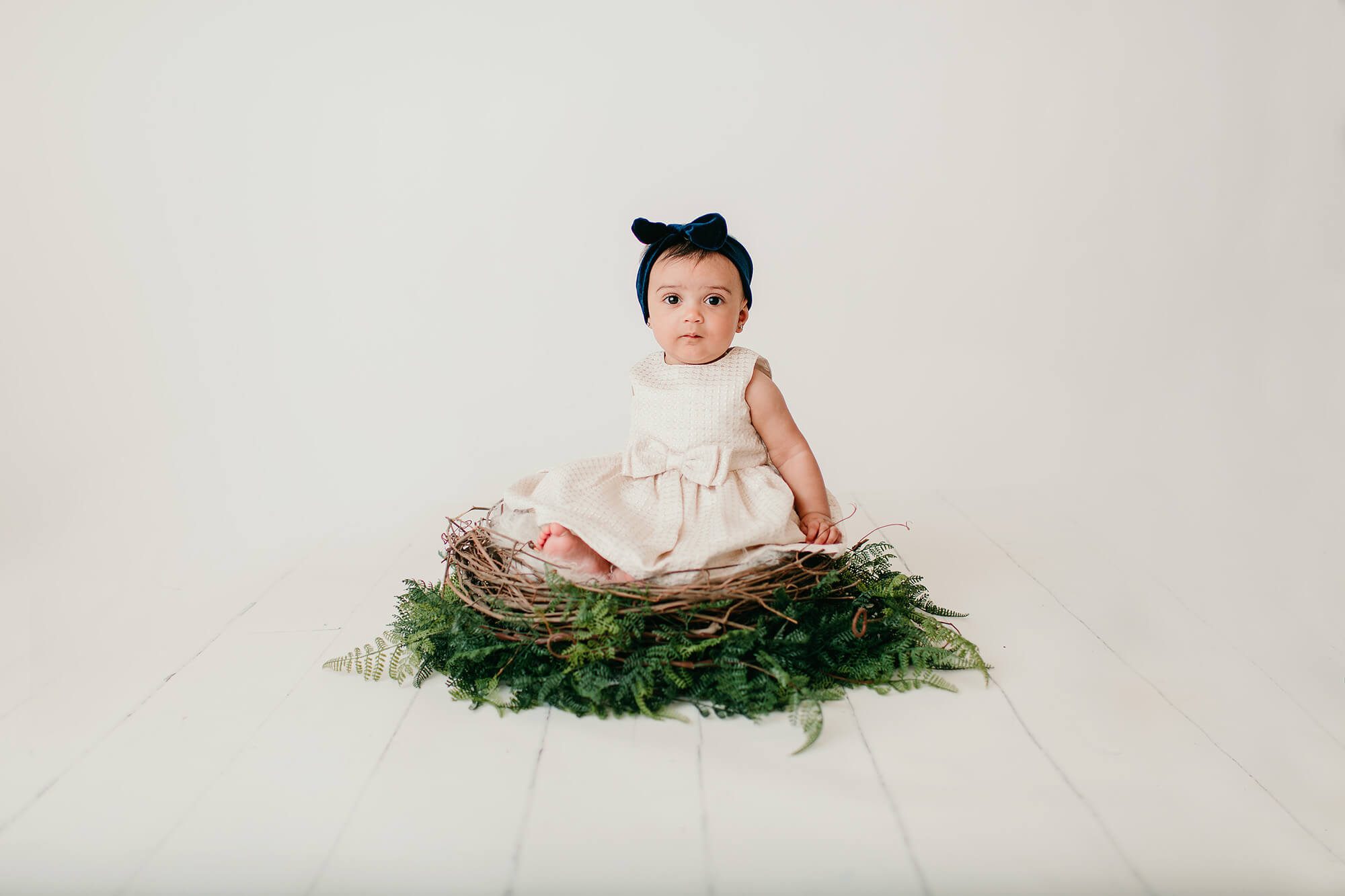 Baby girl sitting in a nest wrapped with greenery wearing a cream dress and blue velvet bow during her 6-month studio milestone session