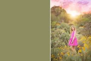 A gorgeous girl stands amongst the cacti and spring desert flowers in Saguaro National Park with a pastel sunset and the Catalina Mountains at her back