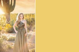 A young woman poses like a goddess amongst the saguaros and desert flowers of Saguaro National Park during her portrait session with Belle Vie Photography