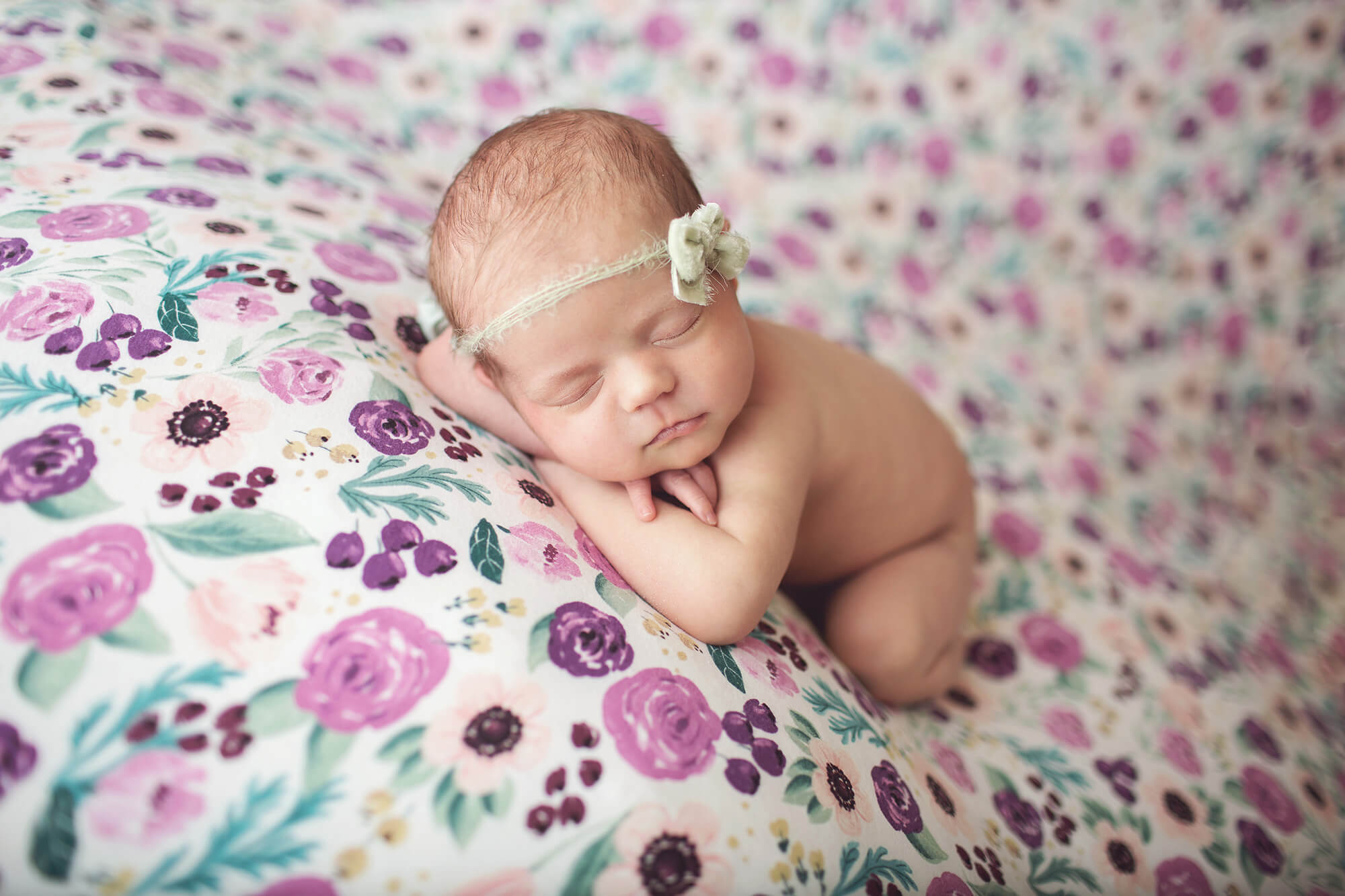 Newborn baby girl on a lavender and pink backdrop with a delicate green velvet bow