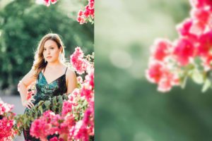A woman in a sequined green dress stands amongst the brilliant pink bougainvillea at the Urban Grove in Tucson during a photoshoot with Luna + Saya