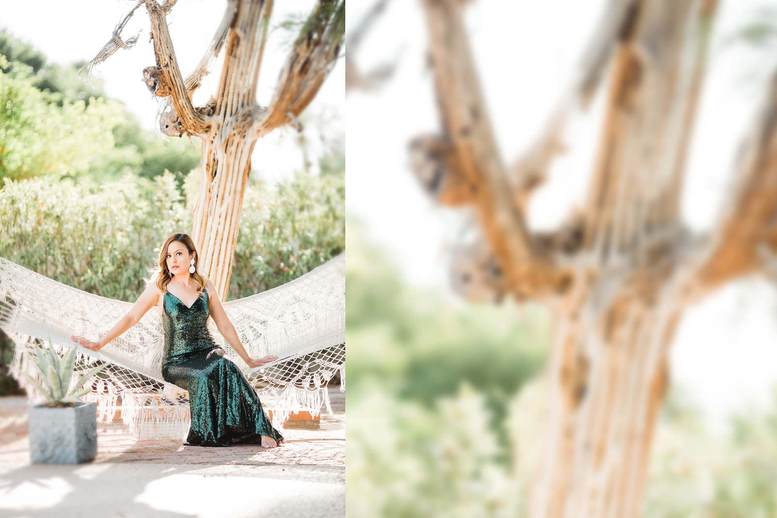 A woman in a green sequined dress sits on a macrame hammock at the Urban Grove during a photoshoot for Luna + Saya