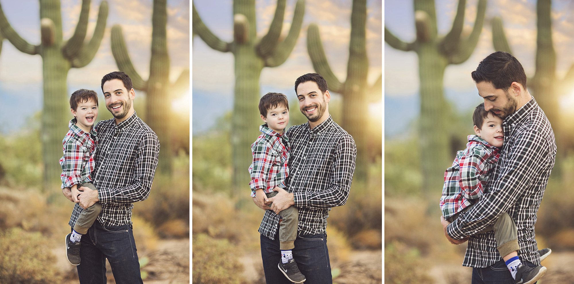 Father and son, laughing and cuddling with a saguaro and sunset backdrop in Tucson during their family holiday photo session