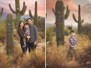 Christmas in the desert with a saguaro decorated in Christmas lights during a holiday family photo session at Sabino Canyon in Tucson