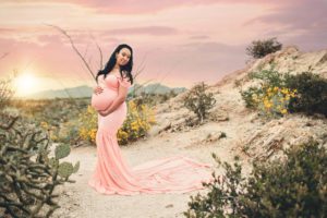 A Tucson mom gracefully poses with amongst spring desert flowers, the pastel sky and catalina mountains at her back, during her maternity session at Saguaro National Park with Belle Vie Photography