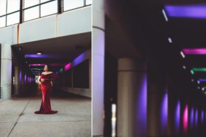 Alex's maternity session in downtown Tucson in front of an overpass filled with colorful lights
