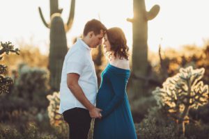 Adrianna and her husband at sunset during their maternity session at Sabino Canyon