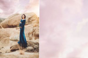 A breathtaking maternity session for Connie in a velvet gown atop boulders in Dragoon, Arizona