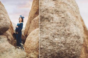 A picturesque boulder formation for the beautiful Connie in her blue velvet gown during her maternity session