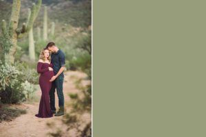 Dad to be loves on his wife during their sunset maternity session at Saguaro National Park