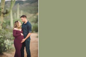 Dad to be lovingly touches his wife's baby bump during their sunset maternity session at Saguaro National Park