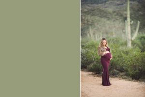 A beautiful mom to be poses in plum while cradling her baby bump surrounded by saguaros at Saguaro National Park