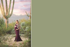 A beautiful expectant mom surrounded by majestic mountains and towering saguaros during her sunset maternity session with Tucson maternity photographer Belle Vie Photography