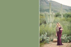 A mom to be poses with her bump in leopard amongst the saguaros for her maternity session with Tucson maternity photographer Belle Vie Photography