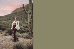 Mom-to-be Anica cradles her baby bump with a gorgeous pastel sky and majestic saguaro behind her during her sunrise maternity session with Belle Vie Photography