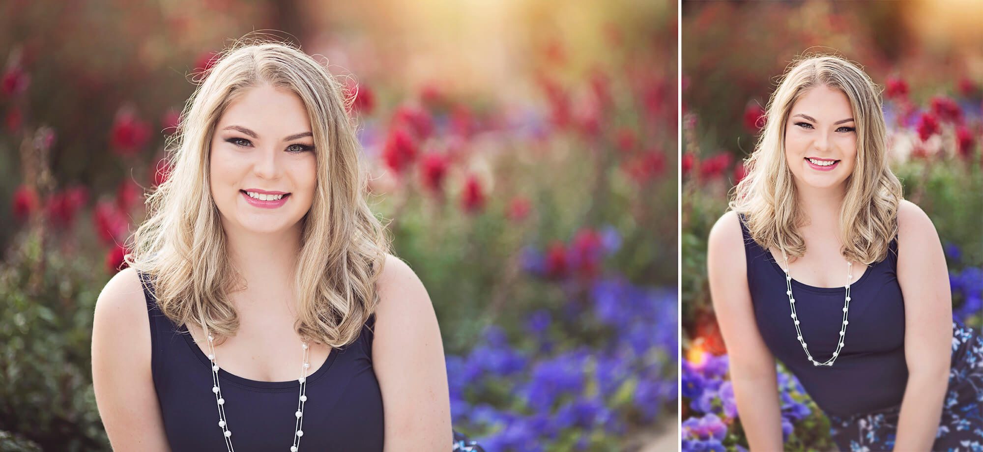 High school senior Olivia sits amongst the spring flowers at the University of Arizona during her senior portrait session