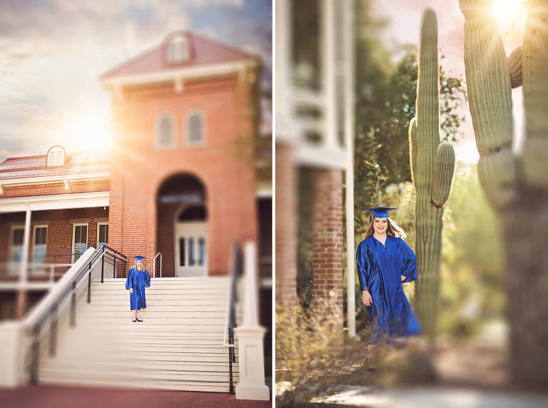 High school senior Olivia stands on the steps of the University of Arizona Old Main building in her cap and gown