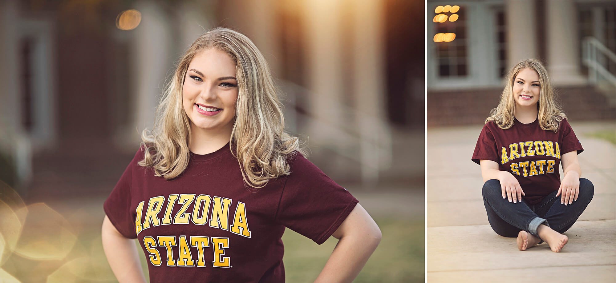 High school senior, Olivia, proudly wears her Arizona State University t-shirt while casually posing on campus during her senior portrait session