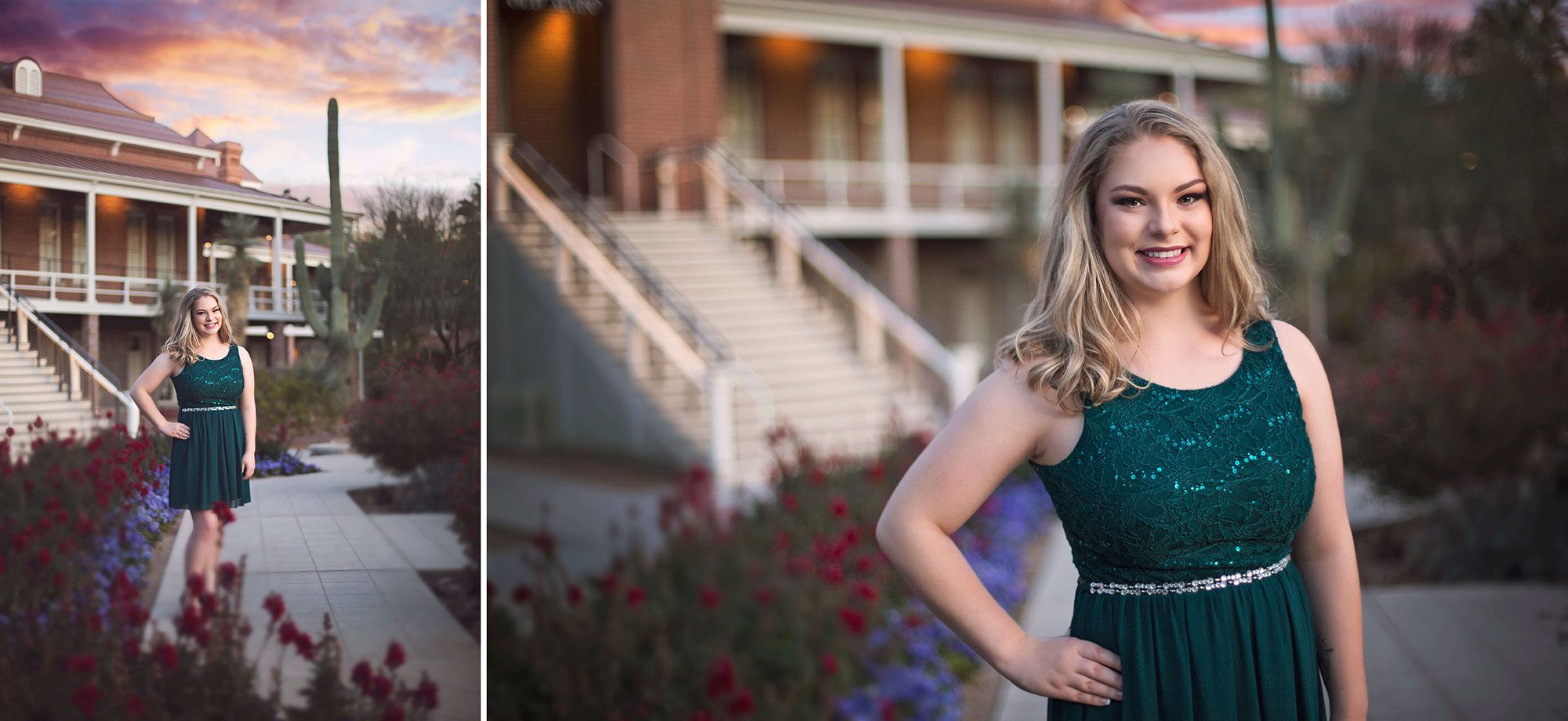 Olivia glamorously stands in front of the Old Main building at the University of Arizona with a glorious sunset and tall flowers framing her during her senior portrait session