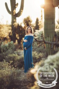 a desert maternity session at sunset with a mom in a teal blue dress by award-winning frankfurt newborn photographer