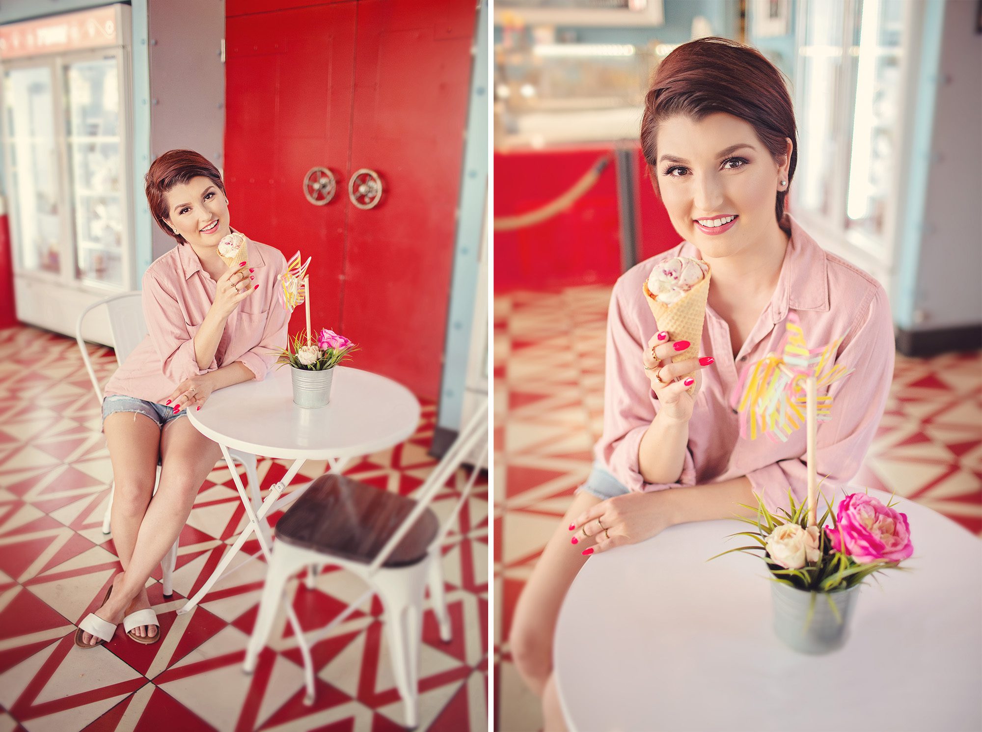 A local Tucson food blogger sits pretty with her ice cream cone at the Hub Ice Cream Factory