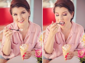 A Tucson food blogger enjoys her strawberry ice cream at the Hub Ice Cream Factory