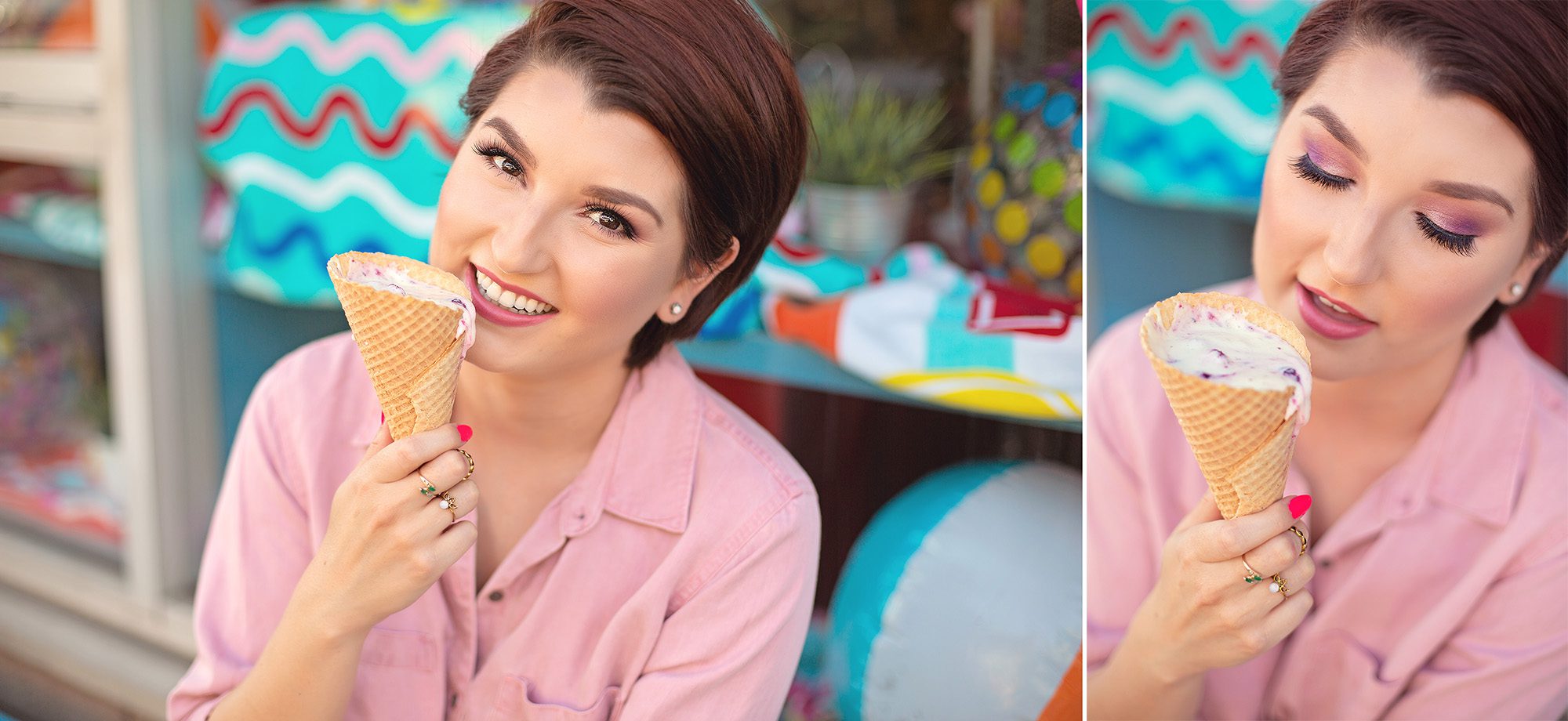 A Tucson food blogger enjoys a strawberry cone outside the Hub Ice Cream Factory in downtown Tucson