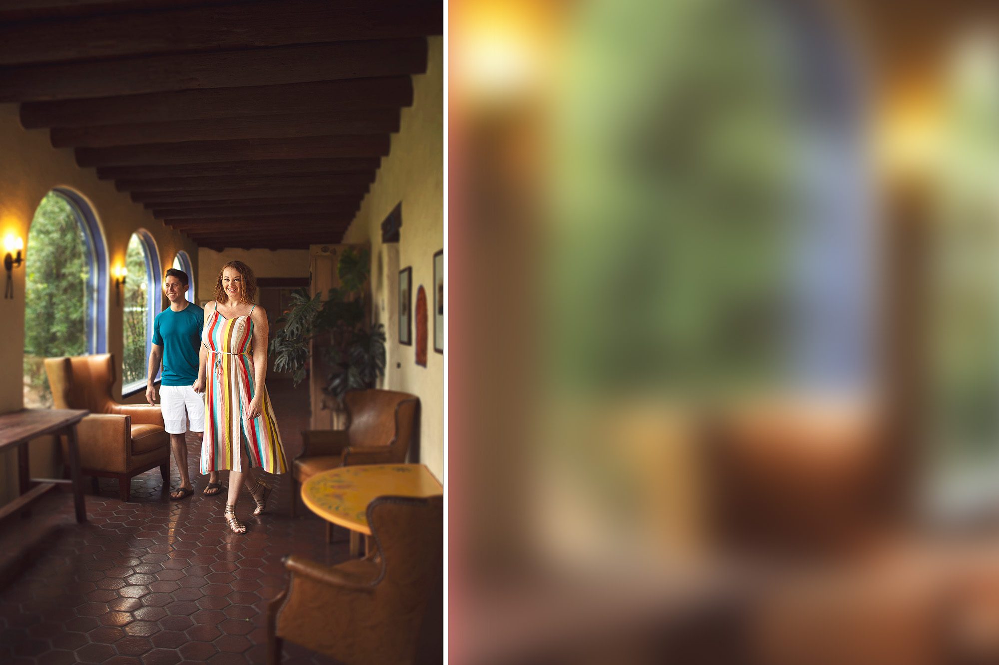 Phoenix blogger Mandy Holmes and her husband enjoy a stroll through the hallways of the Hacienda Del Sol resort in Tucson