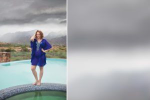 The Hacienda Del Sol resort pool and mountain views on a rainy day with Phoenix blogger Mandy Holmes