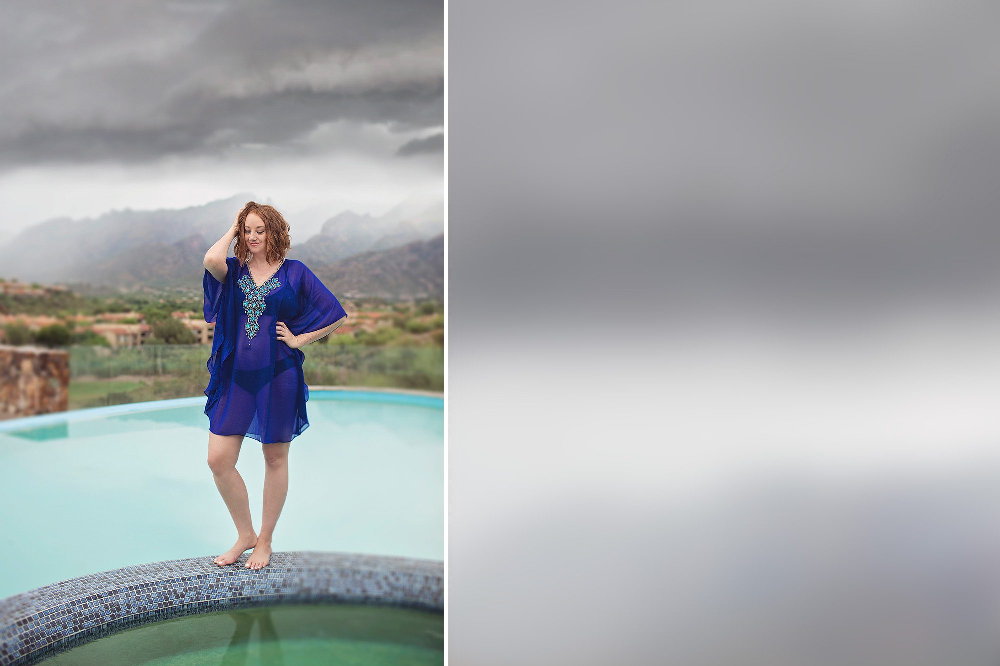 The Hacienda Del Sol resort pool and mountain views on a rainy day with Phoenix blogger Mandy Holmes