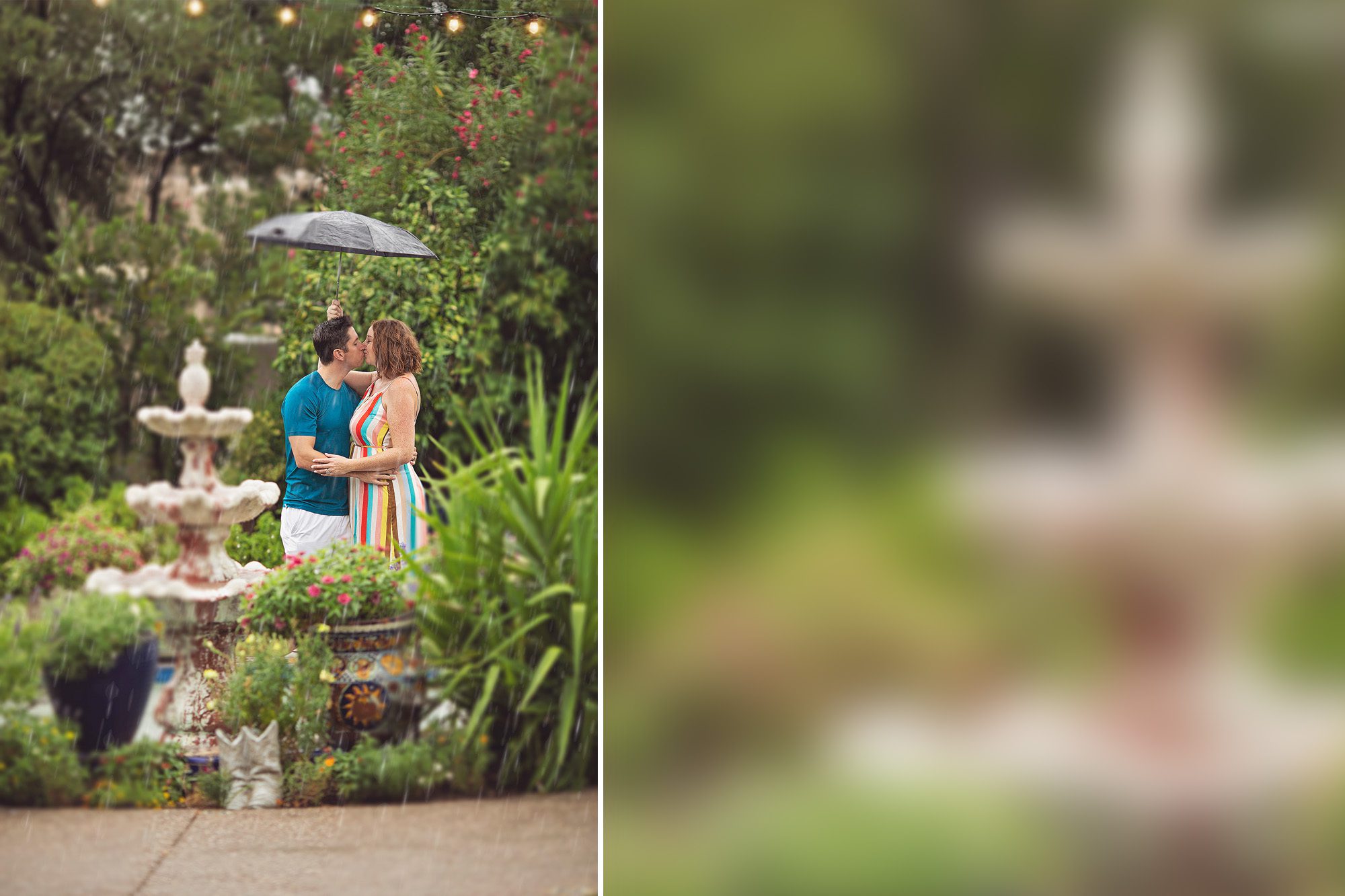 Phoenix blogger, Mandy, and her husband kiss beneath an umbrella during a summer rainstorm at the Hacienda Del Sol in Tucson