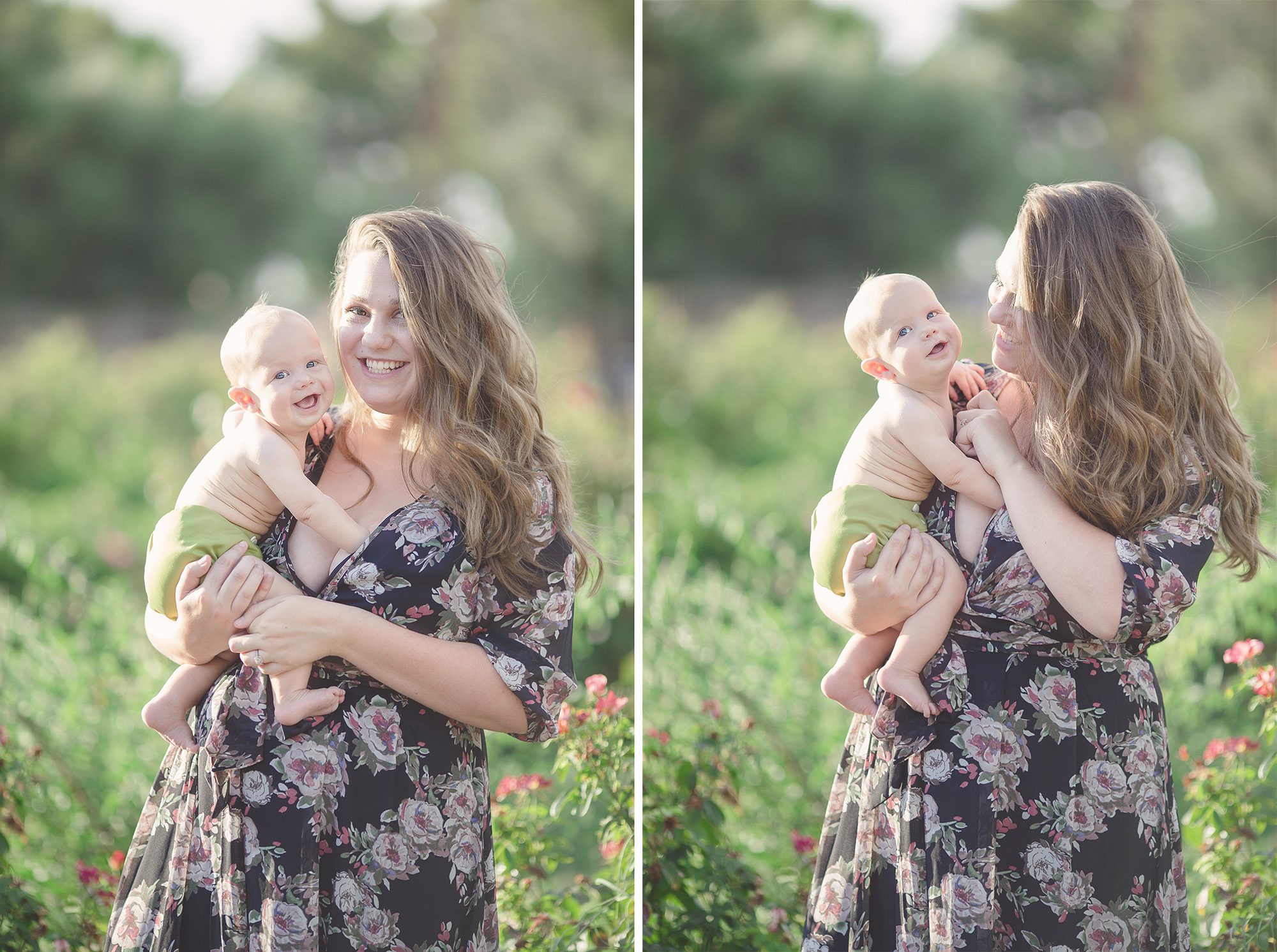 A breastfeeding mom and her son are all smiles during their sunset breastfeeding session at Tucson's Reid Park rose garden