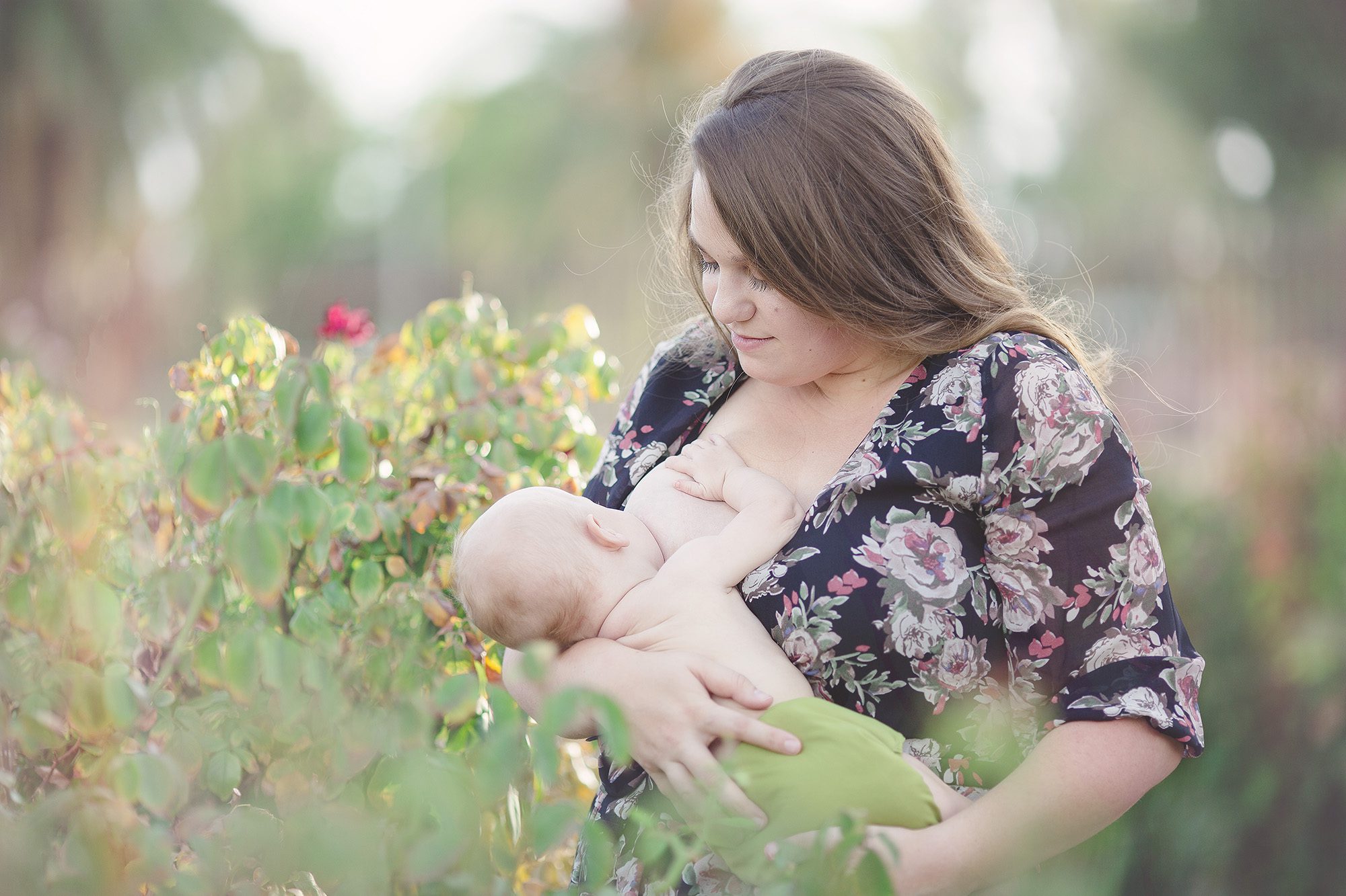 A breastfeeding mom feeds her baby son during her breastfeeding session in the rose garden at Tucson's Reid Park