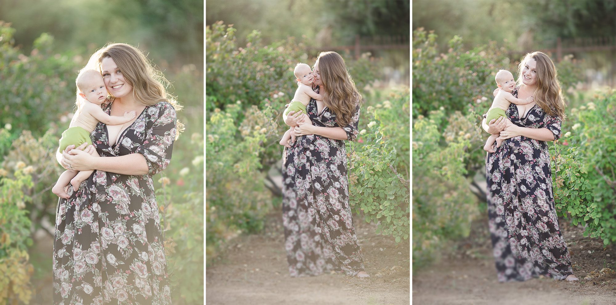 A breastfeeding mom cuddles her baby son in Tucson's Reid Park rose garden.