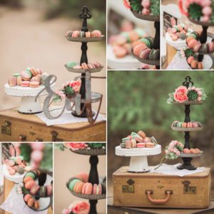 Delicious macarons by Woops! Bakeshop in Tucson are beautifully displayed featuring antique accessories by Midtown Merchants Mercantile