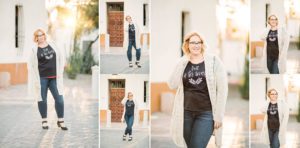 Tucson blogger Mandy Rena dons a tee and cardigan in a quaint neighborhood near downtown Tucson surrounded by creamy sunlight and white stucco