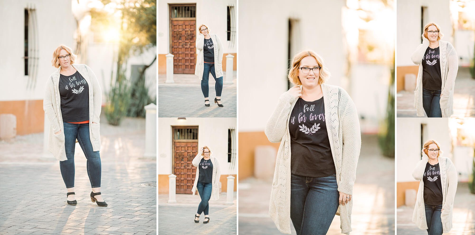 Tucson blogger Mandy Rena dons a tee and cardigan in a quaint neighborhood near downtown Tucson surrounded by creamy sunlight and white stucco