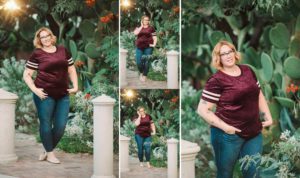 Tucson blogger Mandy poses with prickly pear cactus as her backdrop during a downtown Tucson sunset photoshoot