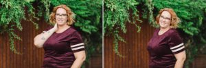 Local blogger, Mandy, poses near a rusty wall and lush greenery to contrast her beautiful strawberry blonde hair and maroon tee