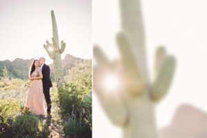A loving couple share the warmth of the setting sun holding one another during their engagement session with Belle Vie Photography in Tucson