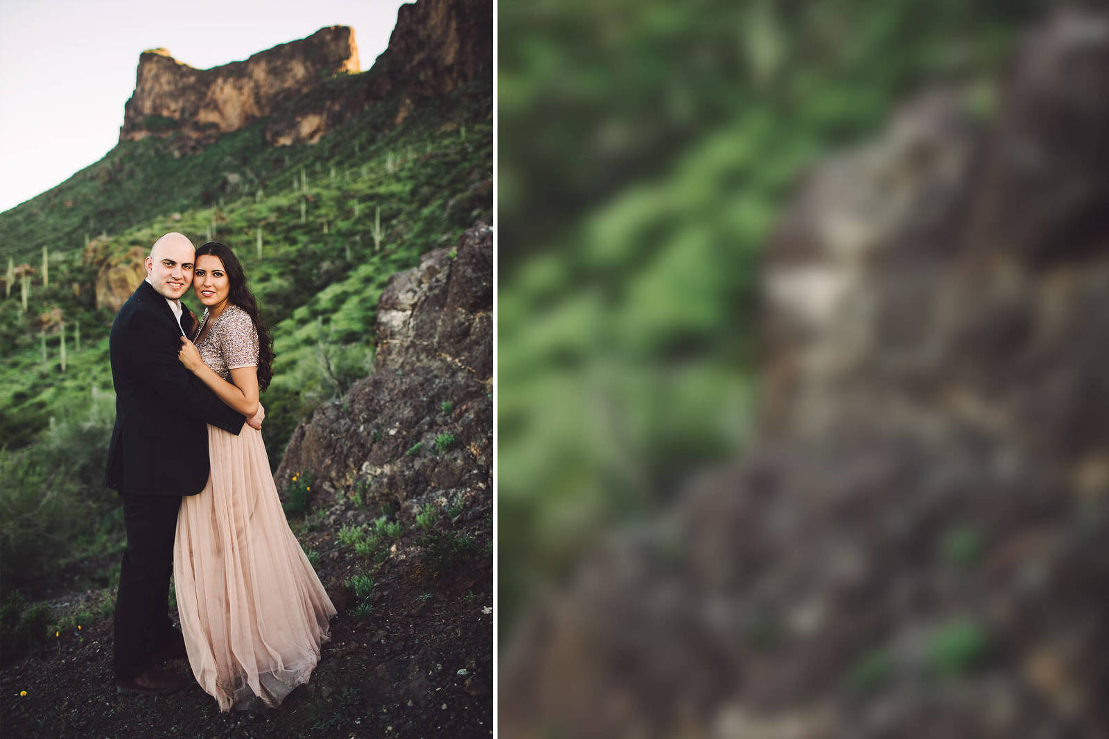 A loving couple celebrates their engagement during a sunset photo session at Picacho Peak in Arizona with Belle Vie Photography