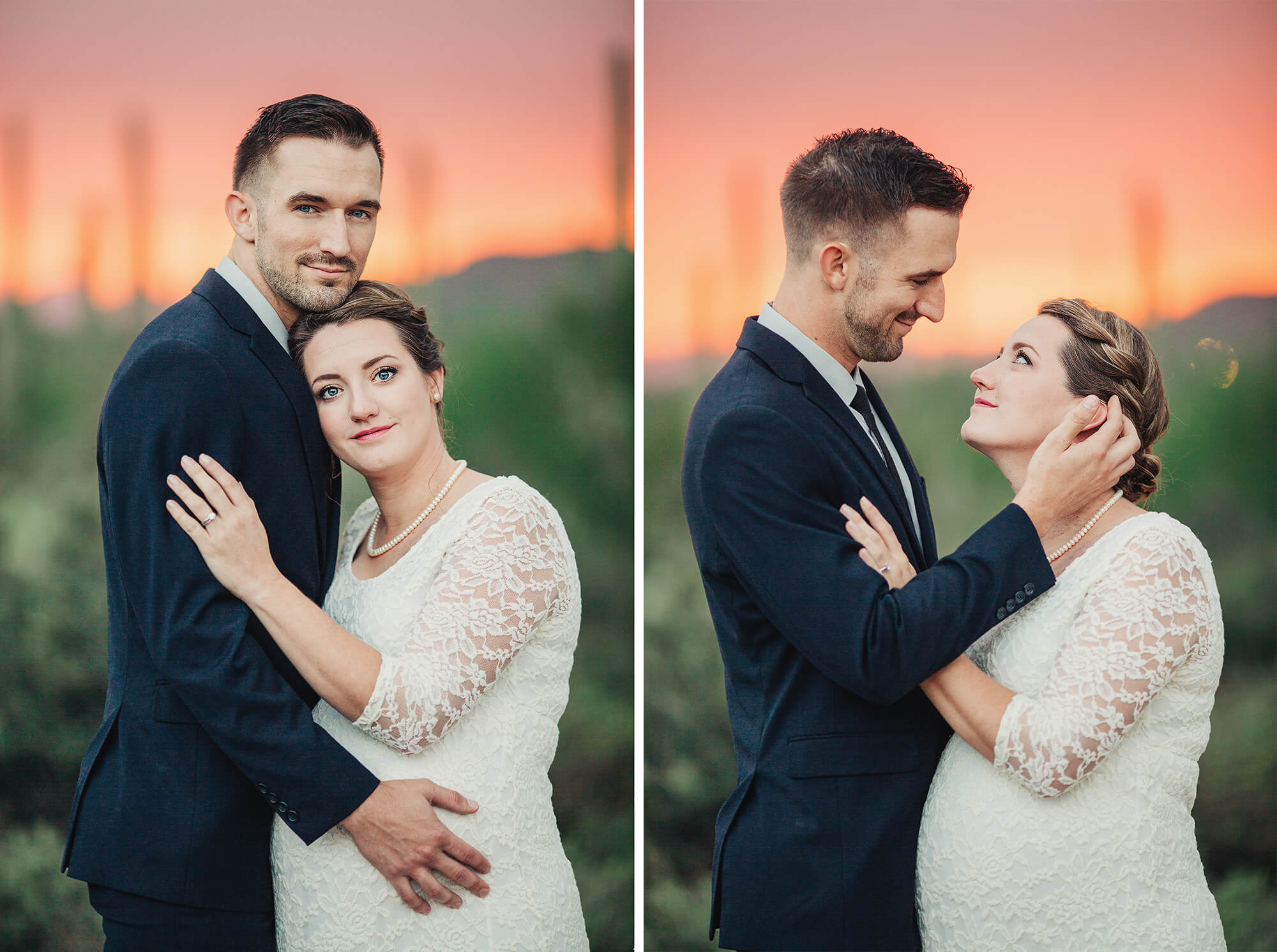 Amanda and Kenneth beautifully illuminated by the brilliants pinks and oranges of the setting sun during their elopement in Tucson.