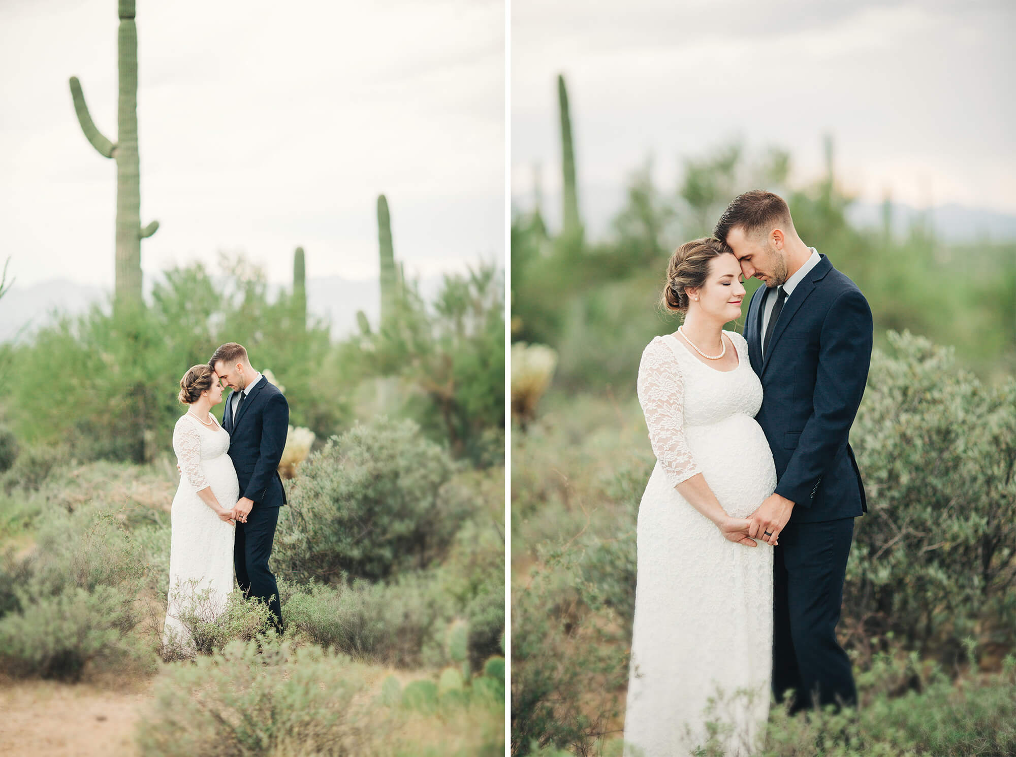 An intimate moment between newly married man and wife in the desert just outside of Tucson.