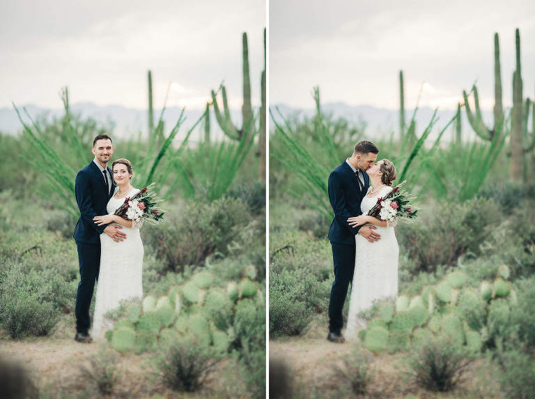 A loving kiss for the bride and groom after their imitate desert elopement ceremony in Tucson.