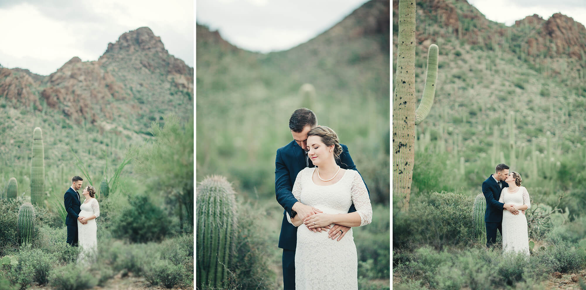 Bride and groom snuggle together following their desert elopement. 
