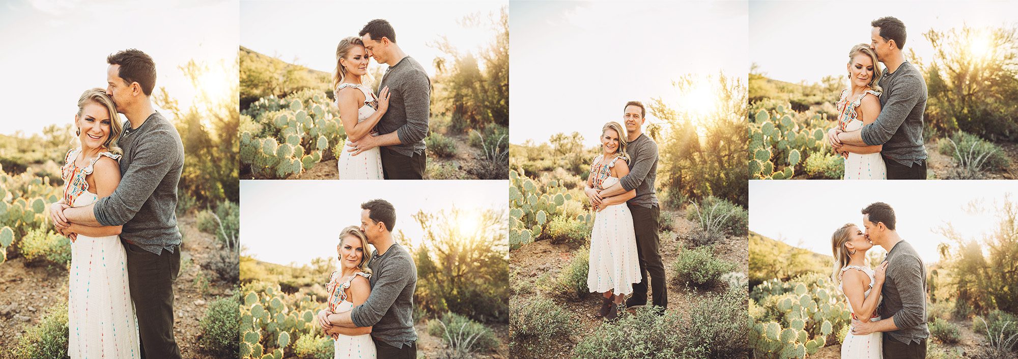 A gorgeous couple share a few intimate moments during their sunset desert family session