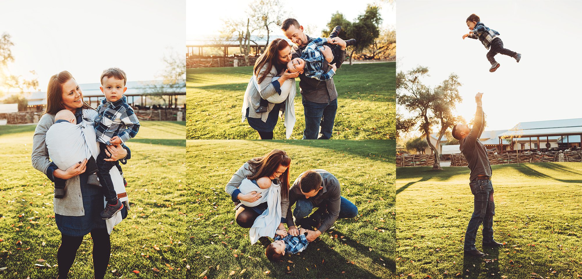 The Schlosser family enjoying a fun evening of tickles and kisses on the front lawn of Tanque Verde Guest Ranch during their family photo session with Belle Vie Photography in Tucson