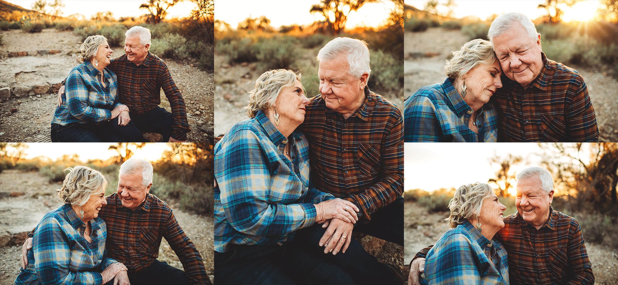 Mom & Dad laugh together as the desert sun sets behind them during the Lindley family photo session in Tucson