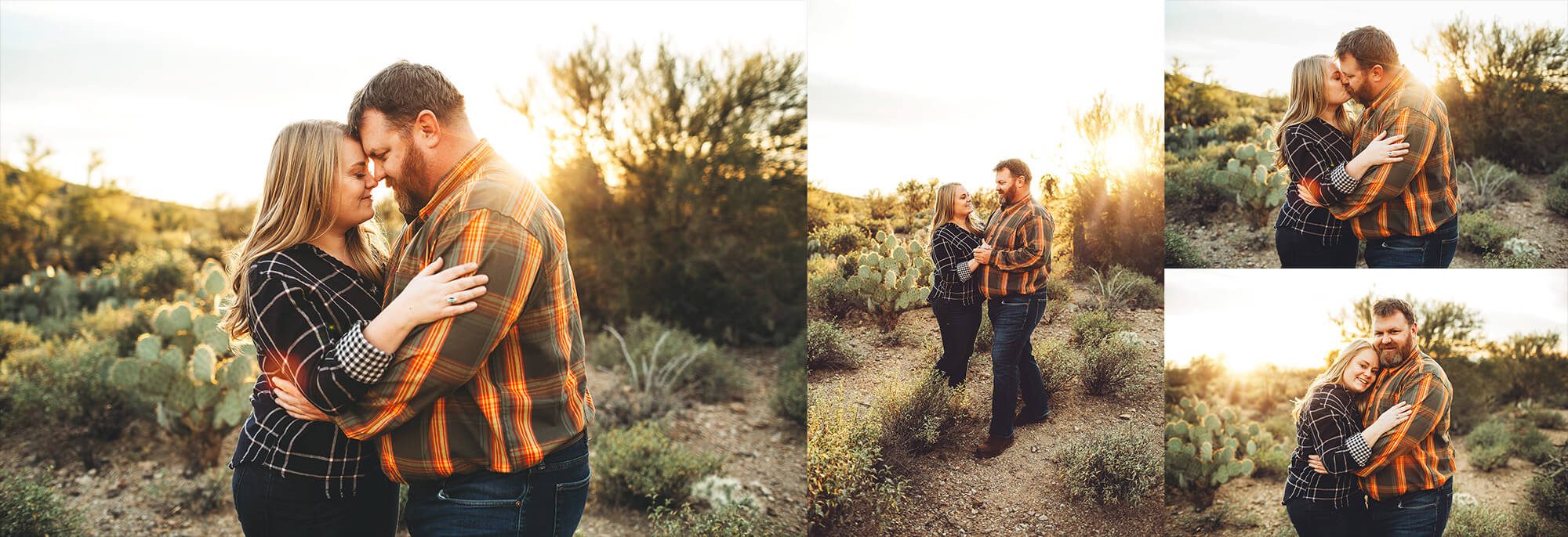 An engaged couple cozy-up surrounded by Tucson winter sunlight during the Lindley family photo session at Gate's Pass