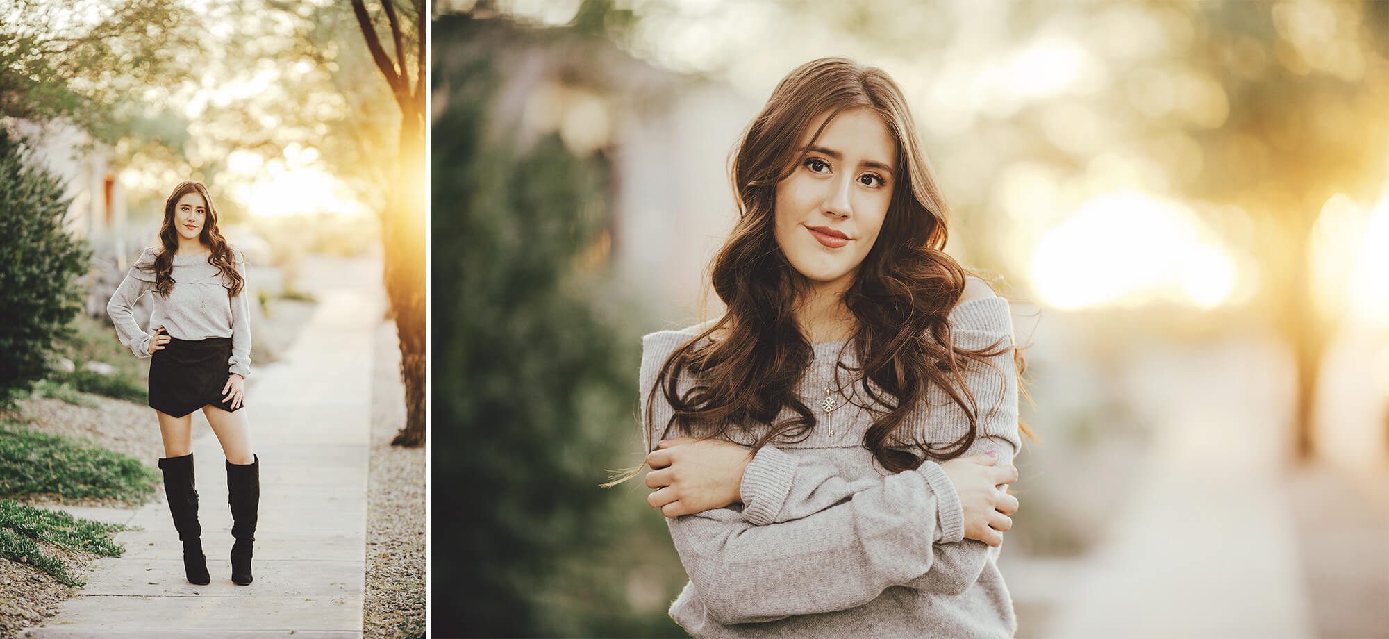 Brianna poses in a warm sweater as the sun sets behind her during her senior photoshoot in Civano